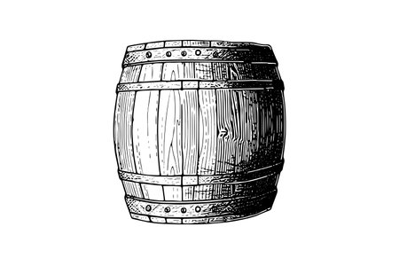 Oak wooden barrel hand drawn sketch engraving style vector illustration.のイラスト素材