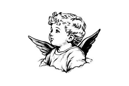 Little angel vector retro style engraving black and white illustration. Cute baby with wings.のイラスト素材