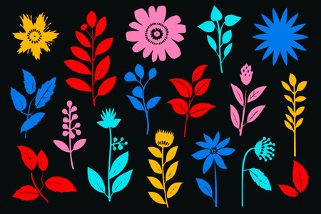 Colorful contemprorary flower seamless pattern illustration. Set of naive hand drawn flowersのイラスト素材