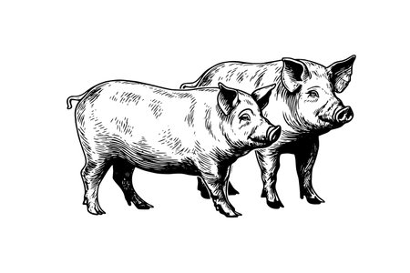 Vector illustration of pig in engraving style, hand drawing sketch.のイラスト素材