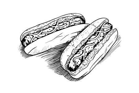 Two hot dog with sausage and sauce engraving sketch vector illustration.のイラスト素材