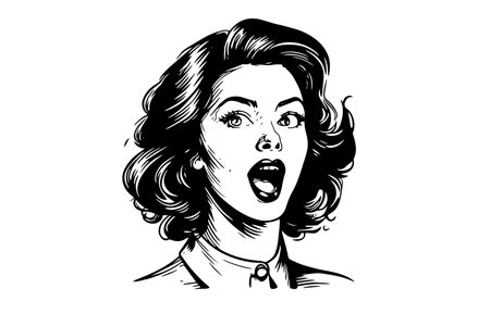 Surprised businness woman ink drawing sketch. Pop art style black and white vector illustration.のイラスト素材