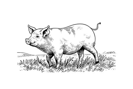 Hand drawn engraved vector picture of village landscape with pigs eat grass in the pasture.のイラスト素材