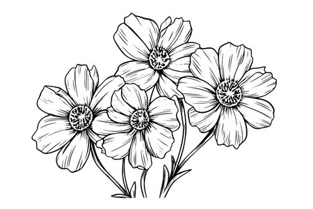 Isolated cosmea vector illustration element. Black and white engraving style ink art.のイラスト素材