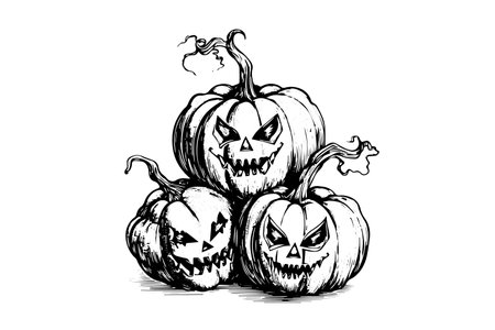 Halloween pumpkin head mascot engraving ink sketch hand drawn vector illustration.のイラスト素材