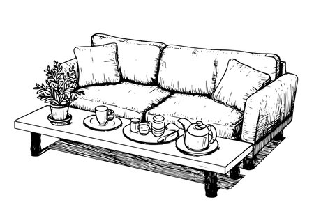 Vintage sofa hand drawn ink sketch. Engraving style vector illustration.のイラスト素材