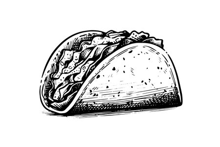 Hand drawn ink sketch of taco. Traditional mexican fast food illustration. Vector drawing.のイラスト素材