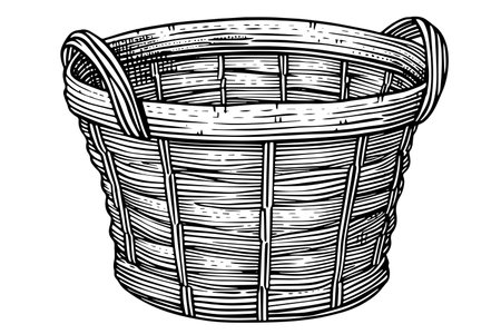 Hand drawn sketch of wicker basket. Engraved style vector illustration. Template for your design works.のイラスト素材