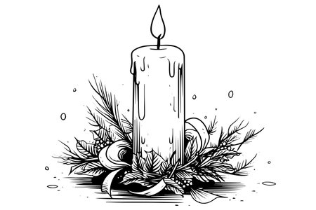 Thick christmas candles burning. Hand drawn sketch engraving style vector illustration.のイラスト素材