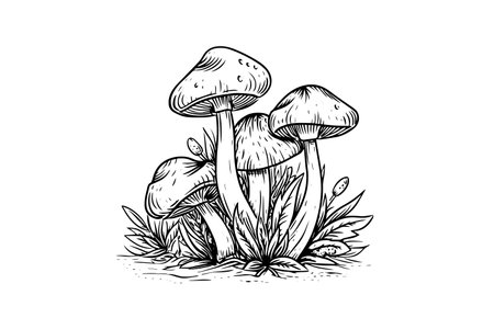 Fly agaric or amanita mushrooms group growing in grass engraving style. Vector illustration.のイラスト素材