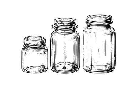Empty glass jars ink sketch. Vector vintage black engraving illustration.のイラスト素材