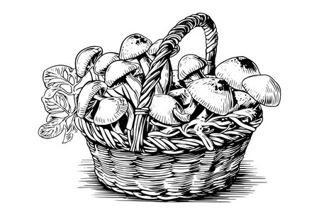 Basket full of mushrooms hand drawn ink sketch. Engraving vintage style vector illustration.のイラスト素材