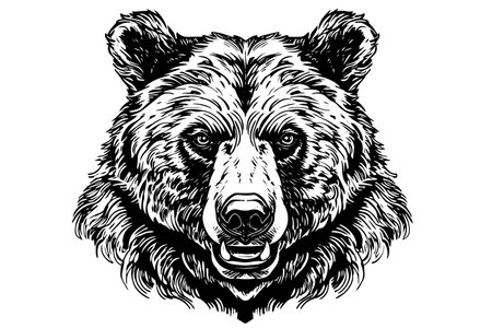 Ink hand drawing sketch bear mascot or logotype head. Vector Illustration in engraving style.のイラスト素材