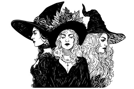 Witch halloween woman hand drawn ink sketch. Engraving style vector illustration.のイラスト素材