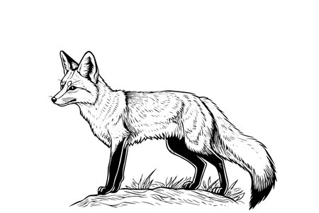 Fox logotype mascot hand drawn ink sketch. Vector illustration in engraving style.のイラスト素材