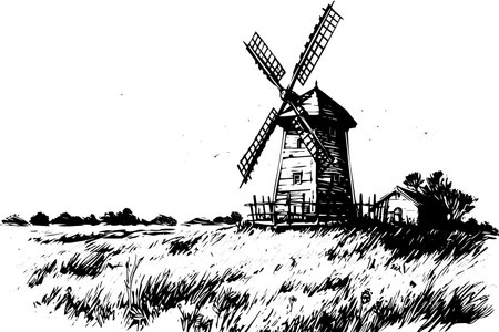 Windmil in the field hand drawn vintage sketch. Engraving style vector illustration.のイラスト素材