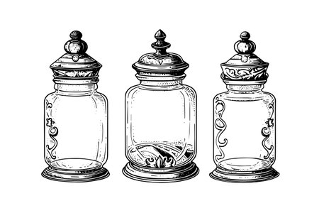 Empty glass jars ink sketch. Vector vintage black engraving illustration.のイラスト素材