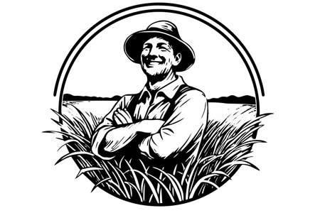 Happy farmer in hat engraving style. Hand drawn ink sketch. Vector logotype illustration.のイラスト素材