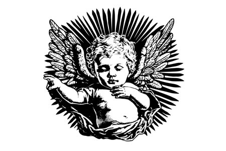 Little angel in frame vector retro style engraving black and white illustration. Cute baby with wings.のイラスト素材