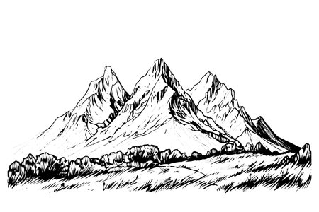Hand drawn ink sketch of mountain landscape. Engraved style logotype vector illustration.のイラスト素材