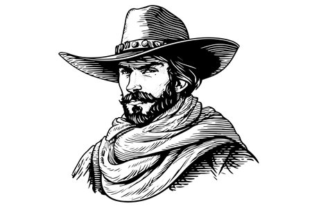 Cowboy bust or head on hat in engraving style. Hand drawn ink sketch. Vector illustration.のイラスト素材