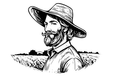 Happy farmer in hat engraving style. Hand drawn ink sketch. Vector logotype illustration.のイラスト素材