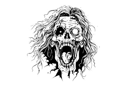 Zombie head or face ink sketch. Walking dead hand drawing vector illustration.のイラスト素材