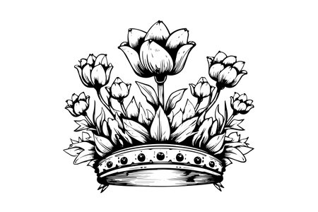 Hand drawn flower crown ink sketch. Vintage engraved vector illustration.のイラスト素材