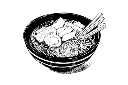 Ramen Noodle Japanese Food Vector Engraving style Illustration. Ink sketch Logo or Menu Concept.のイラスト素材