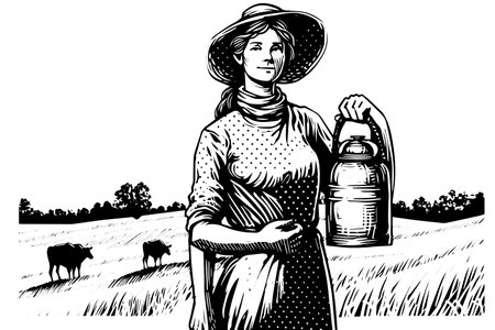 A woman farmer harvesting in the field in engraving style. Drawing ink sketch vector illustration.のイラスト素材