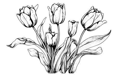 Hand drawn art of tulips branches. Flower isolated on white background. Vintage vector illustration.のイラスト素材