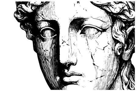 Cracked statue face of greek sculpture hand drawn engraving style sketch. Vector illustration. Image for print, tattoo, and your design.のイラスト素材