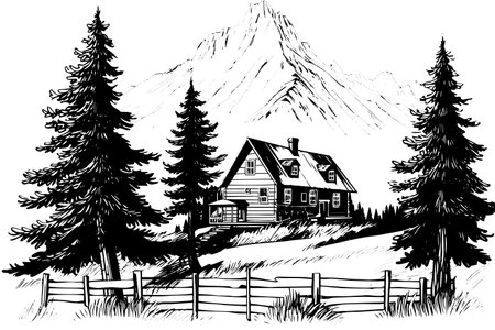 Mountain rural landscape hand drawn ink sketch. Engraving vintage style vector illustration.のイラスト素材