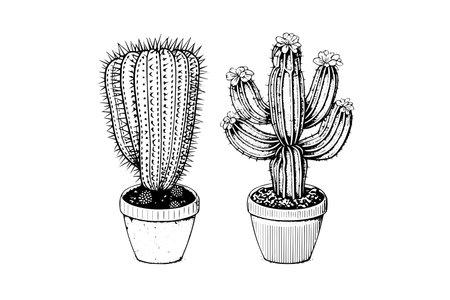 Set of cactuses hand drawn ink sketch. Engraving style vector illustration.のイラスト素材