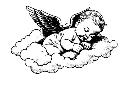 Hand drawn engraving sketch of cute little angel sleep on a cloud. Vector illustration.のイラスト素材