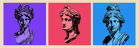 Set of color antique statue head of greek sculpture sketch engraving style vector illustration pack.のイラスト素材