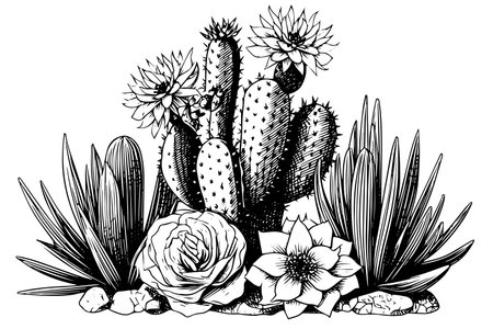 Set of cactus in engraving style vector illustration.Cactus hand drawn sketch imitation.のイラスト素材