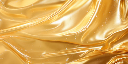 Golden fluid background. Liquid yellow metal wallpaper. Glamour swirl gold texture. 3d wavy flow abstraction.の写真素材