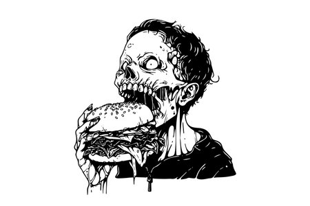 Zombie eat burger hand drawn ink sketch. Engraved style vector illustration.のイラスト素材