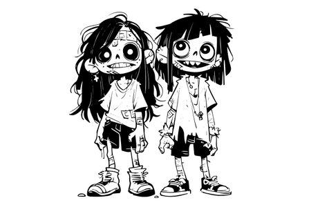 Zombie love match pair hand drawn ink sketch. Woman and man zombies. Engraved style vector illustration.のイラスト素材