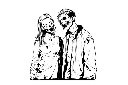 Zombie love match pair hand drawn ink sketch. Woman and man zombies. Engraved style vector illustration.のイラスト素材