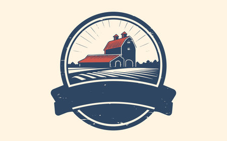 Farm logo illustration, emblem with farmhouse design hand drawn sketch. Vector illustration.のイラスト素材