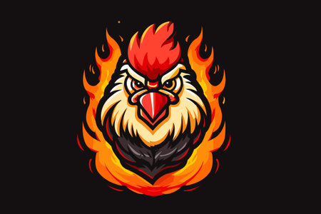 Hot spicy chicken vector logo design. Rooster mascot. Emblem with chicken head in flames.のイラスト素材