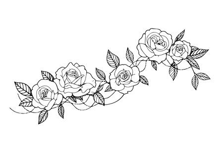 Roses border. Vintage simple line art. Hand drawn ink sketch. Engraving vector illustration.のイラスト素材