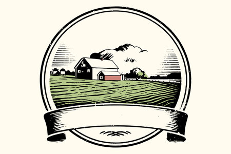 Farm logo illustration, emblem with farmhouse design hand drawn sketch. Vector illustration.のイラスト素材