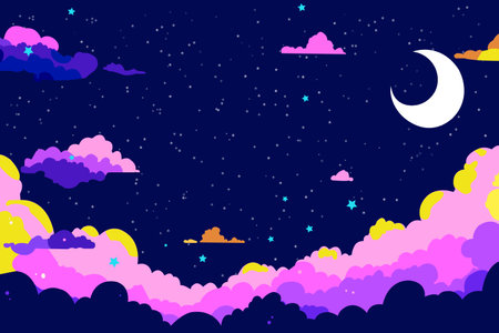 Cartoon starry background. Cloud, crescent and stars in darkness vector print graphic.のイラスト素材