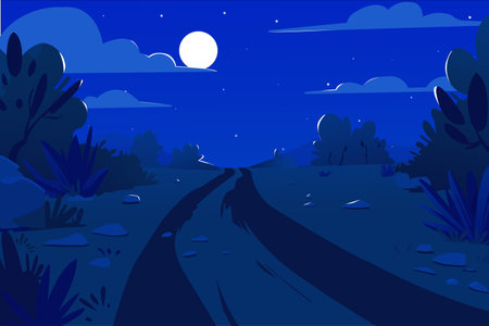 Vector illustration of desert night landscape with road, in cartoon flat style.のイラスト素材
