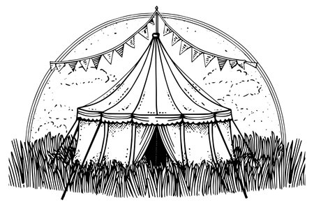 Retro circus marquee tent with flag hand drawn ink sketch. Engraving style vector illustration.のイラスト素材