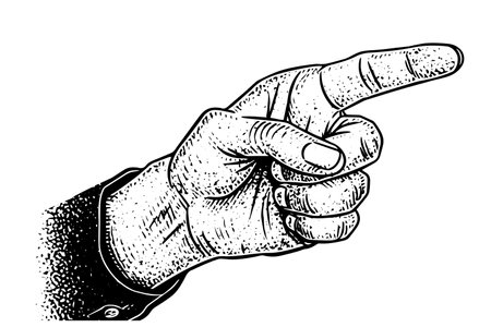 Pointing finger. Vector black vintage engraved illustration. Hand drawn ink sketch.のイラスト素材