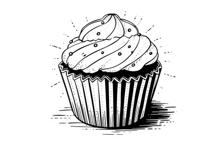 Cream cupcake hand drawn ink sketch. Engraved style retro vector illustration.のイラスト素材